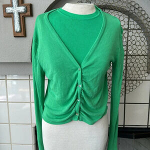 Zara 2 piece  green knit cardigan sweater set size medium